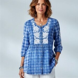 Johnny Was 3J Workshop embroidered blue plaid tunic blouse